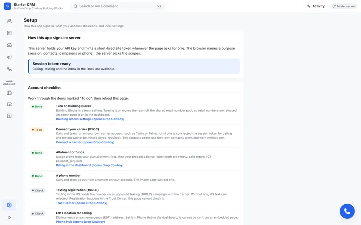 The Starter CRM Setup page: how the app signs in, and an account checklist marking each item Done, To do or Check