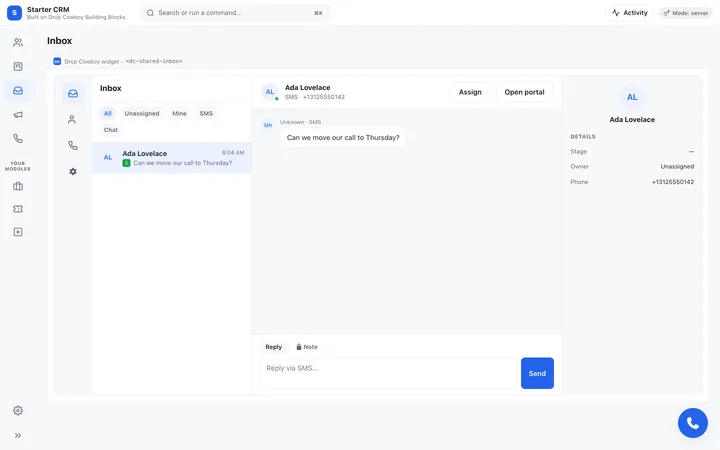 The shared inbox Building Block inside the Starter CRM: a text conversation, a reply box and the contact's details