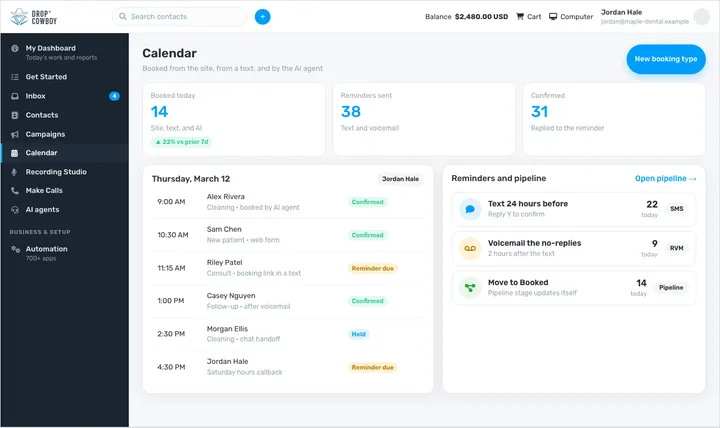 Drop Cowboy calendar with booked appointments and reminders.