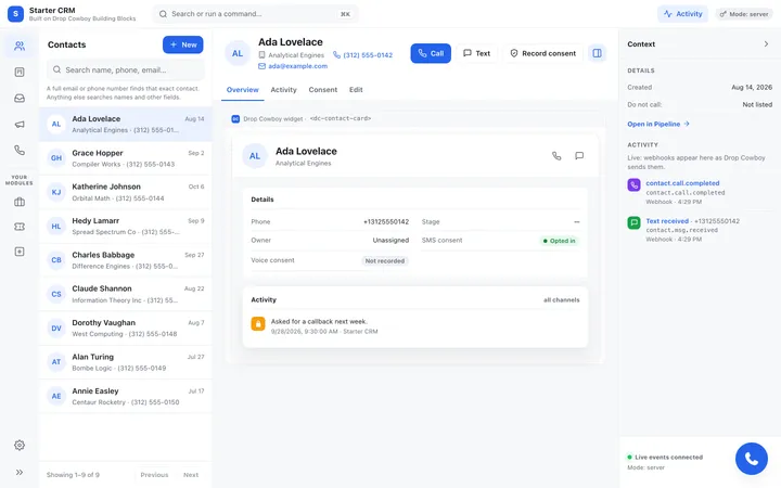 A contact's page in the Starter CRM: the contact list, the contact card with Call, Text and Record consent buttons, and live webhook activity