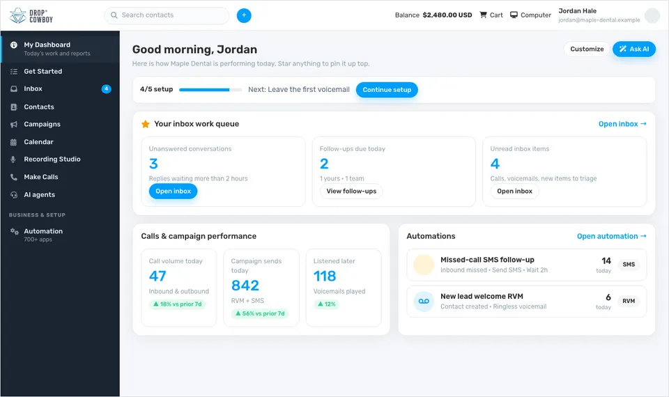 Call outcomes logged back to the CRM record.