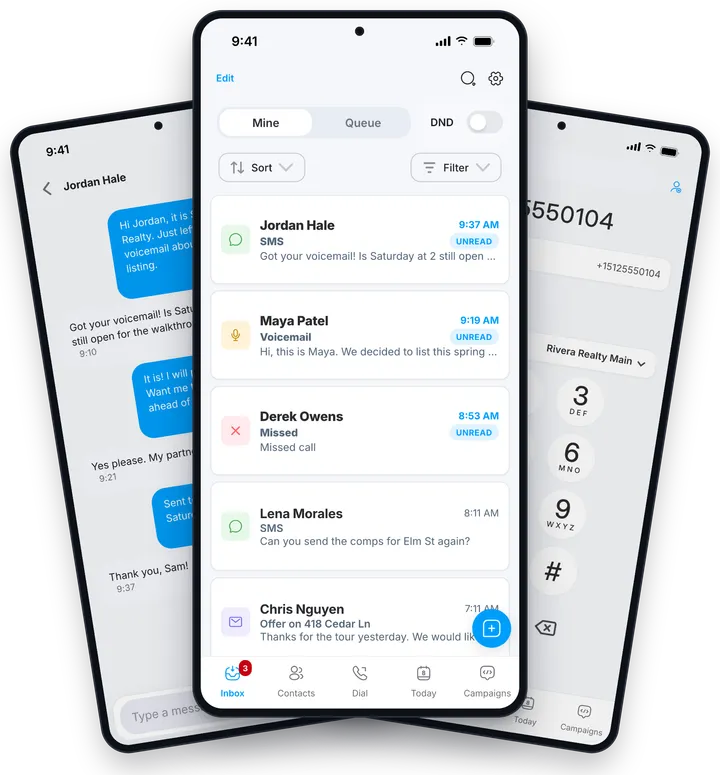 Shared inbox of calls and texts in the Drop Cowboy phone app