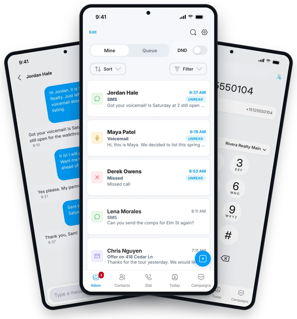 Shared inbox of calls and texts in the Drop Cowboy phone app