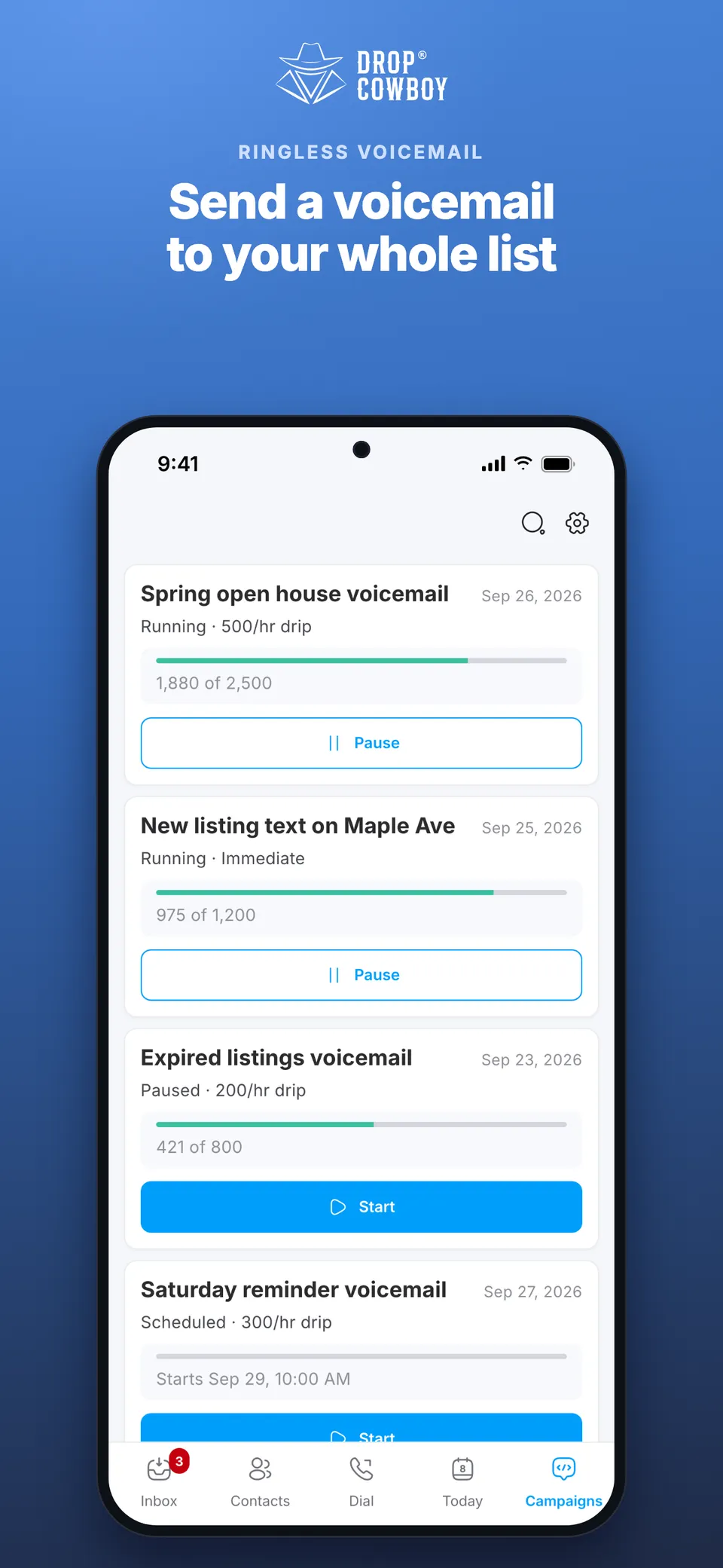 Ringless voicemail campaigns on the Drop Cowboy phone app