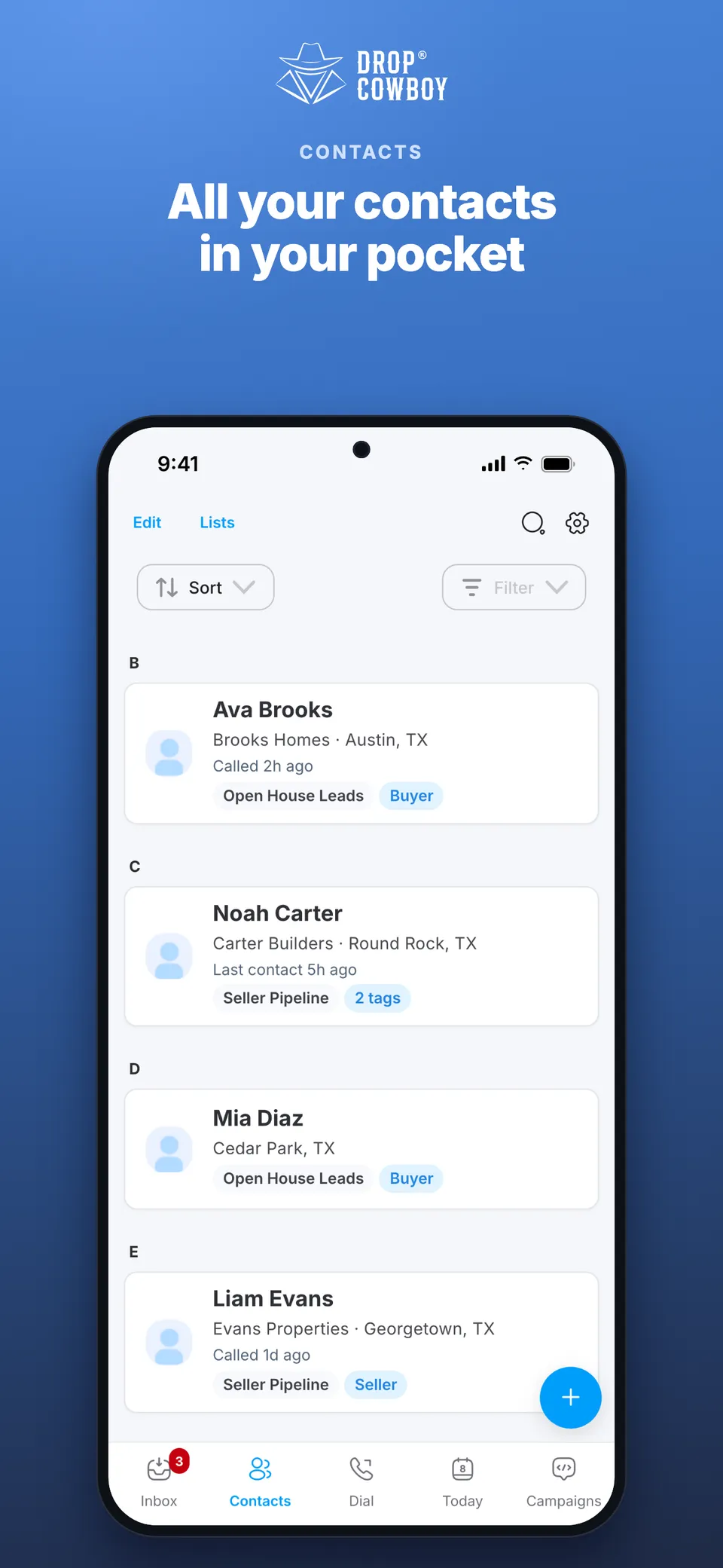 Contacts list in the Drop Cowboy phone app