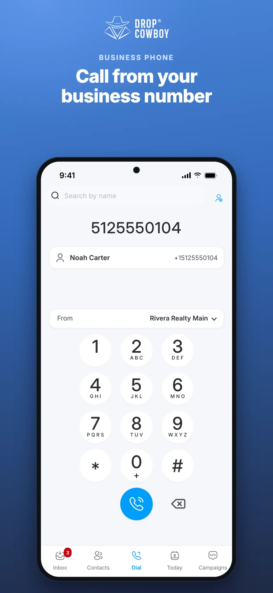 Keypad for calling from a business number in the Drop Cowboy phone app