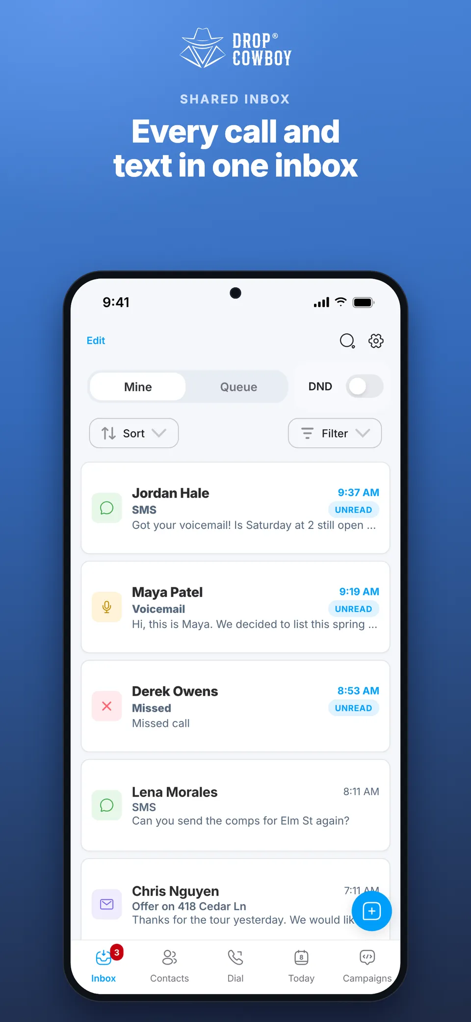 Shared inbox of calls and texts in the Drop Cowboy phone app