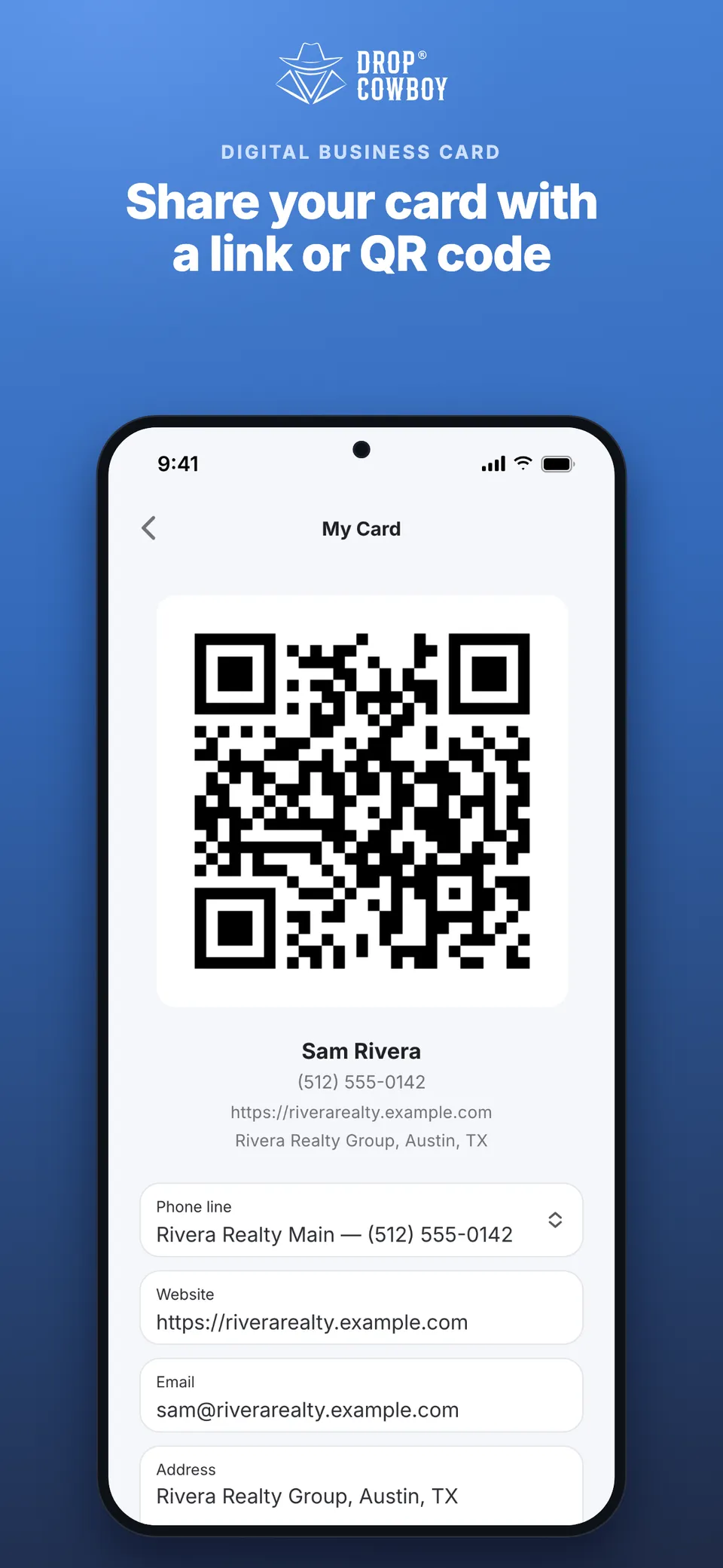 Digital business card in the Drop Cowboy phone app