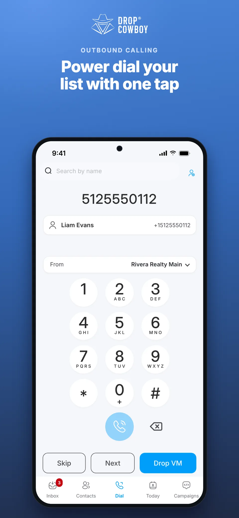Power dialer queue in the Drop Cowboy phone app