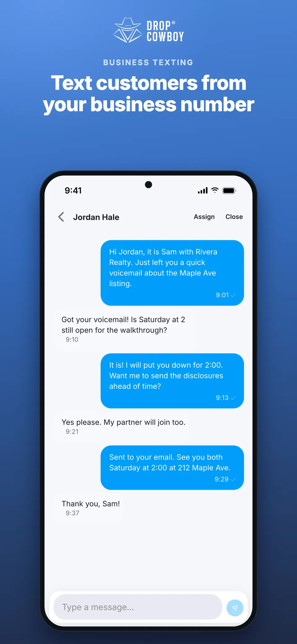 Business text thread in the Drop Cowboy phone app
