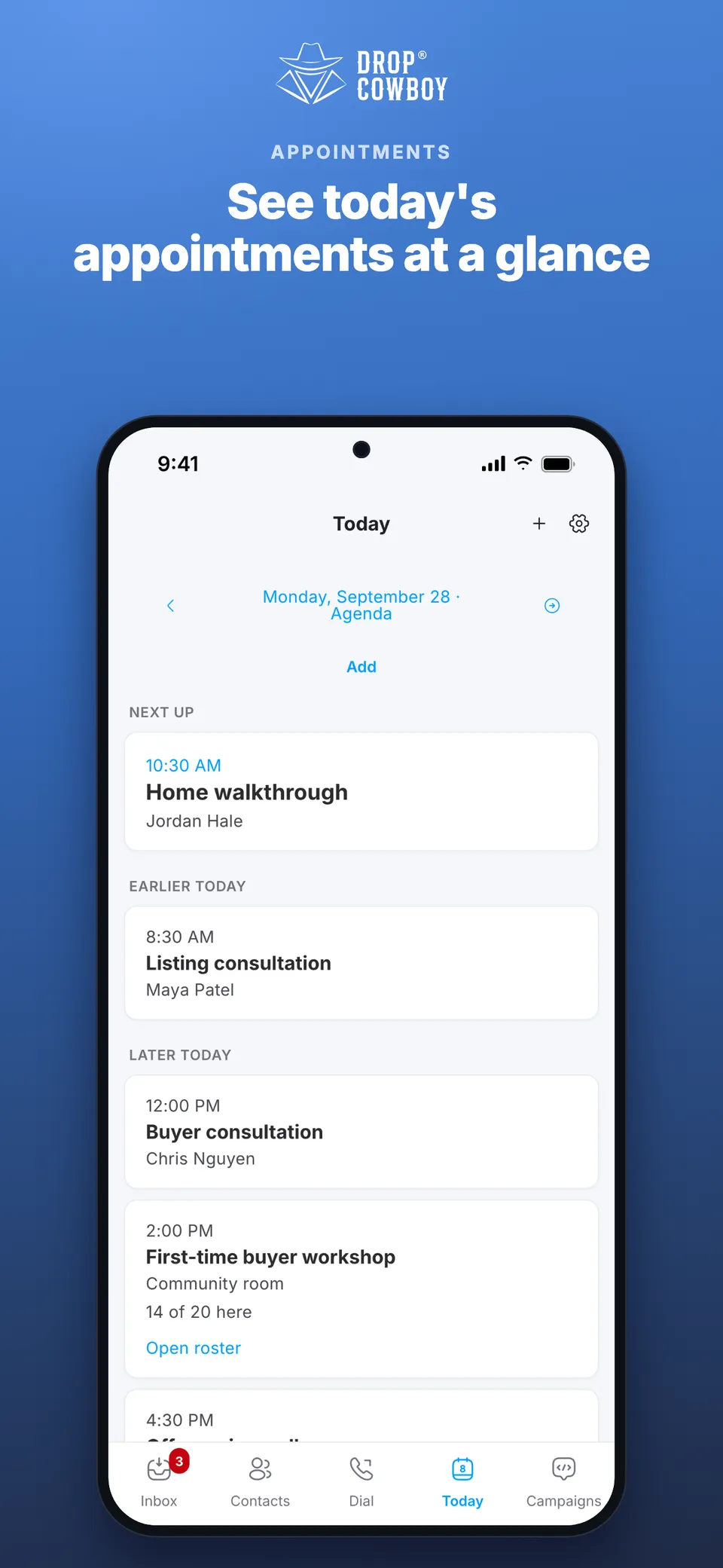 Today appointments in the Drop Cowboy phone app