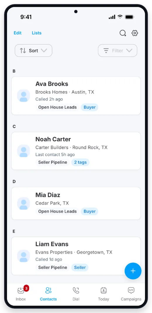Contacts list in the Drop Cowboy phone app