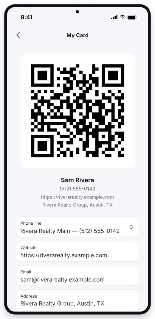 Digital business card in the Drop Cowboy phone app