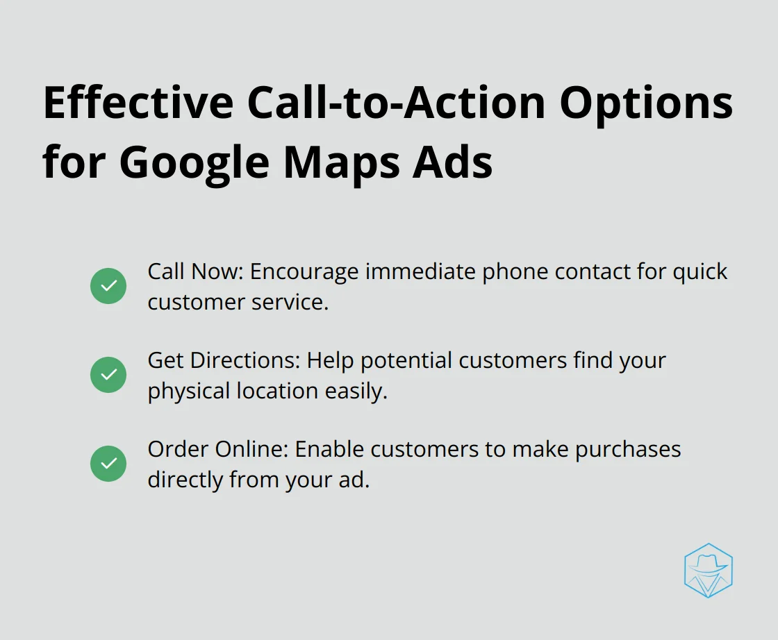 Checkmark list showing effective Call-to-Action options for Google Maps ads: Call Now, Get Directions, Order Online