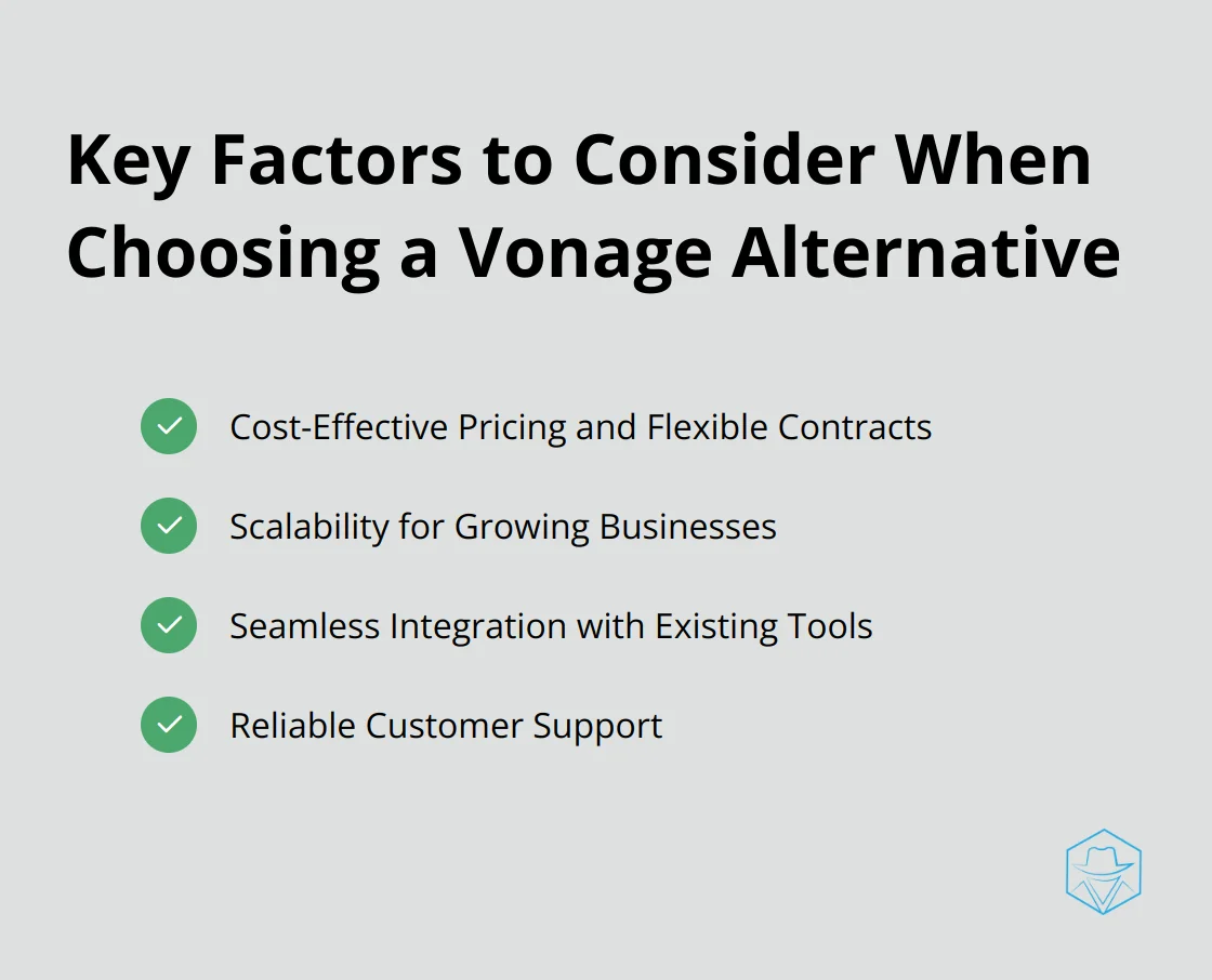 A checkmark list showing four key factors to consider when choosing a Vonage alternative: Cost-Effective Pricing and Flexible Contracts, Scalability for Growing Businesses, Seamless Integration with Existing Tools, and Reliable Customer Support. - alternative to vonage