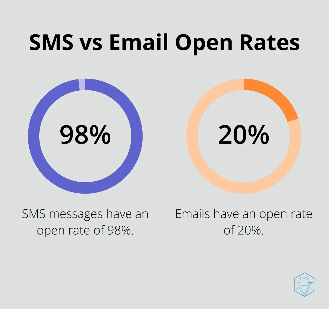 Chart comparing SMS open rates of 98% to email open rates of 20%