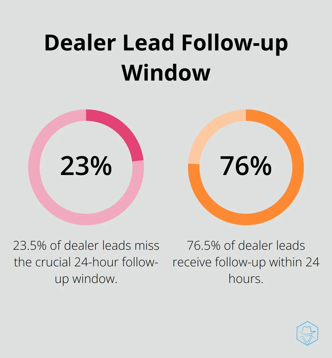 Pie chart showing 23.5% of dealer leads miss the 24-hour follow-up window - automobile crm