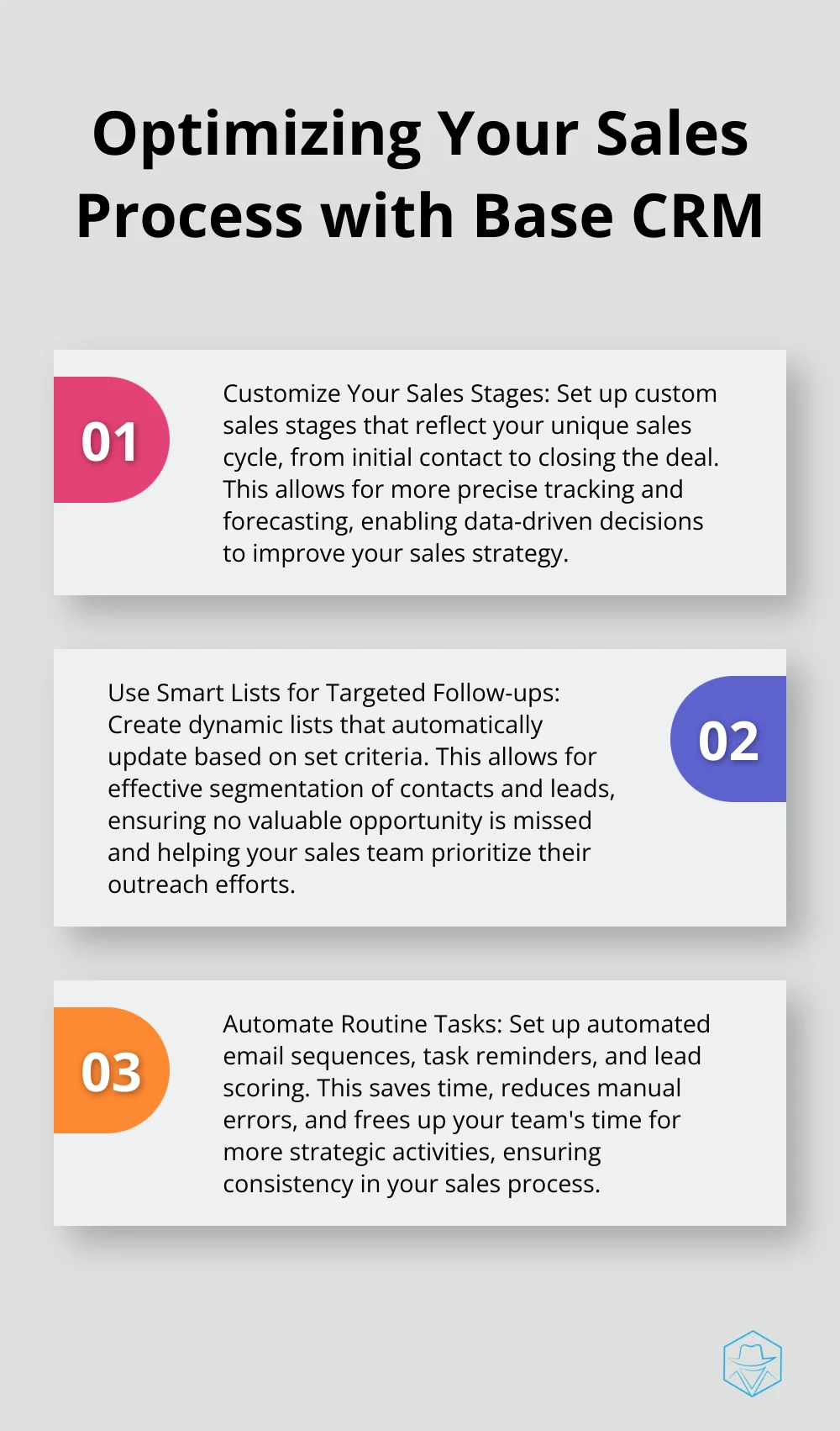 Ordered list chart showing three steps to optimize sales process with Base CRM: Customize Your Sales Stages, Use Smart Lists for Targeted Follow-ups, and Automate Routine Tasks