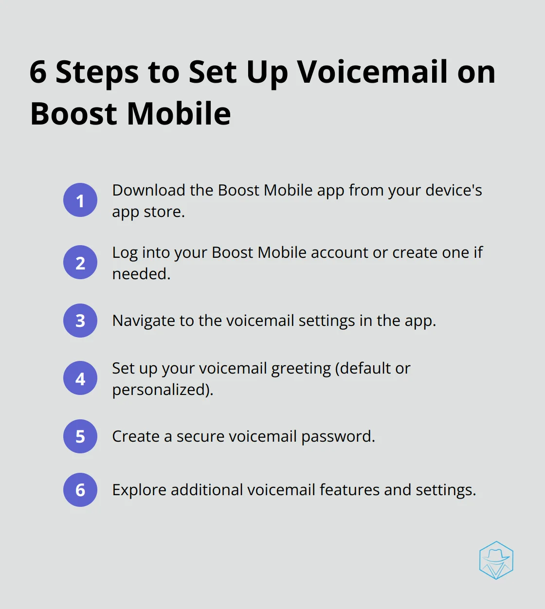 A list of 6 steps to set up voicemail on Boost Mobile: Download app, Log in, Navigate to settings, Set up greeting, Create password, Explore features - boost mobile voicemail app