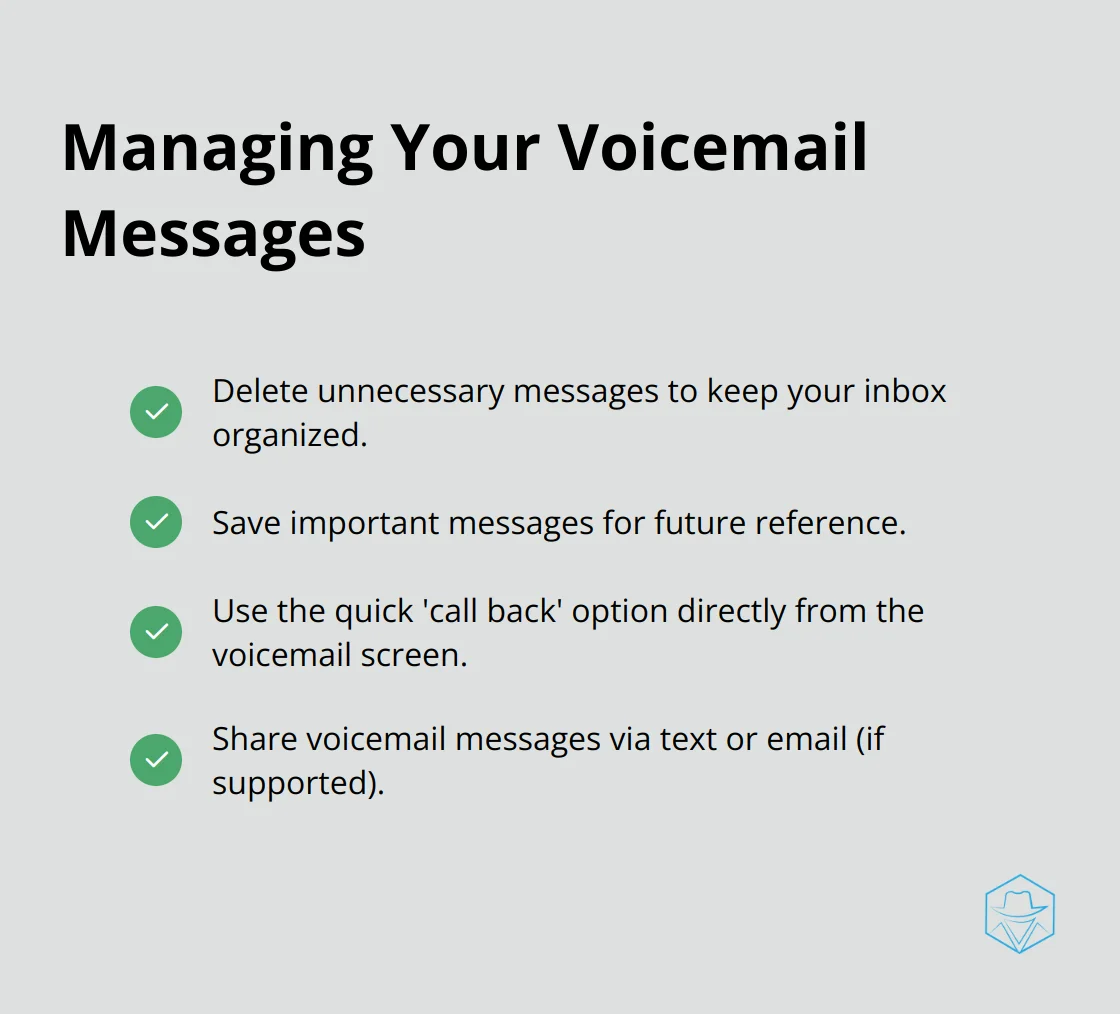 A checklist of 4 options for managing voicemail messages: Delete, Save, Call Back, and Share - boost mobile voicemail app