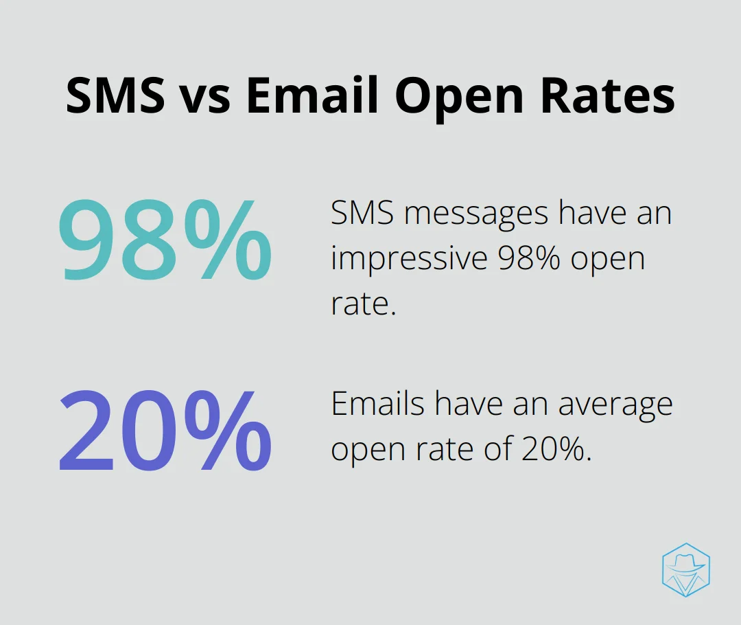 Chart comparing open rates: 98% for SMS messages and 20% for emails