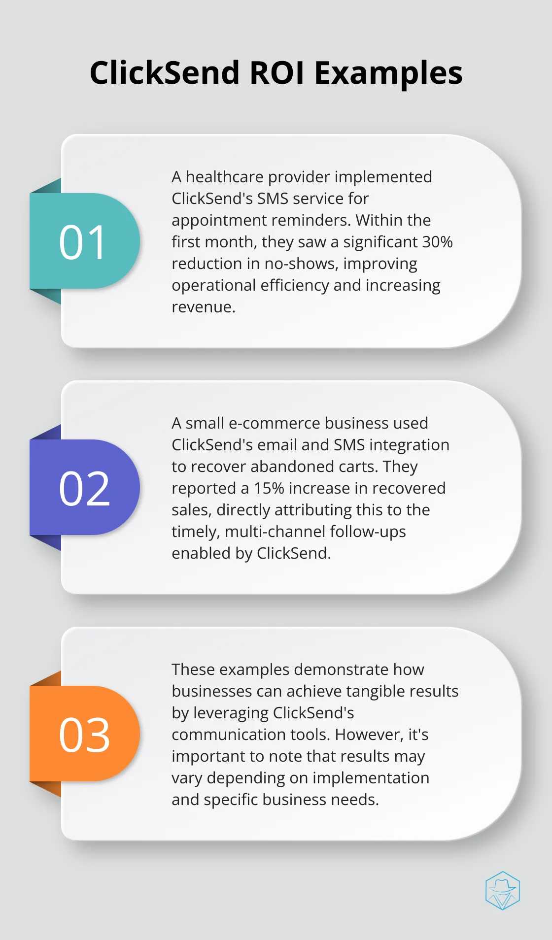 Ordered list showing two examples of businesses benefiting from ClickSend implementation - clicksend price
