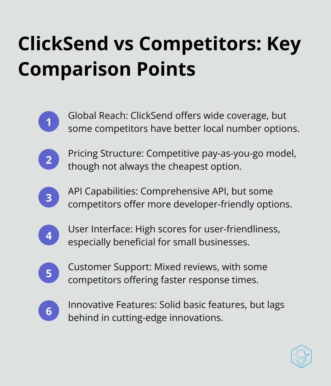 Ordered list comparing ClickSend to competitors in six key areas: Global Reach, Pricing Structure, API Capabilities, User Interface, Customer Support, and Innovative Features - clicksend reviews