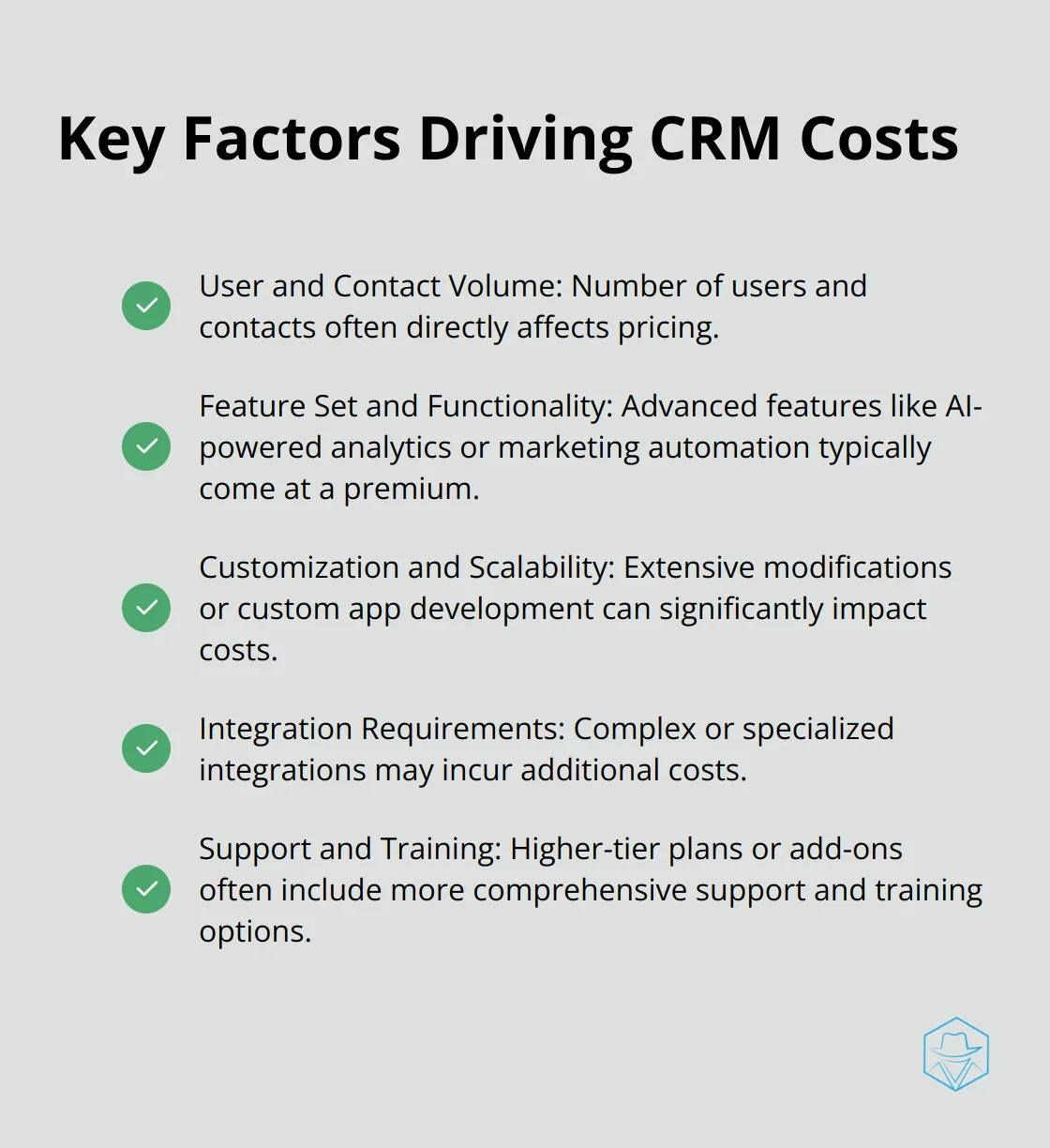 Checkmark list showing five key factors driving CRM costs: User and Contact Volume, Feature Set and Functionality, Customization and Scalability, Integration Requirements, and Support and Training. - crm prices