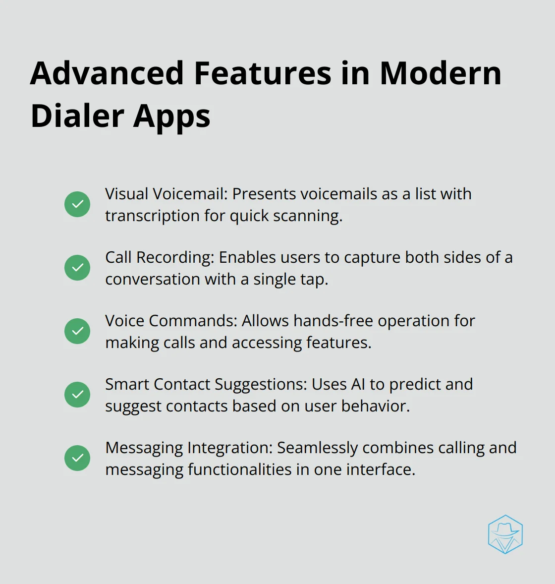Checkmark list chart displaying five advanced features found in modern dialer apps: visual voicemail, call recording, voice commands, smart contact suggestions, and messaging integration.