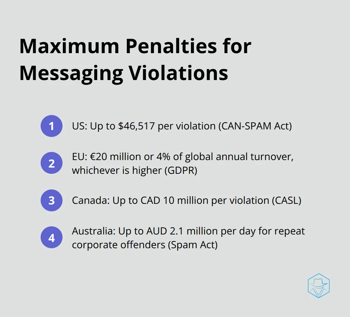 Chart listing maximum penalties for messaging violations in the US, EU, Canada, and Australia - Global messaging compliance