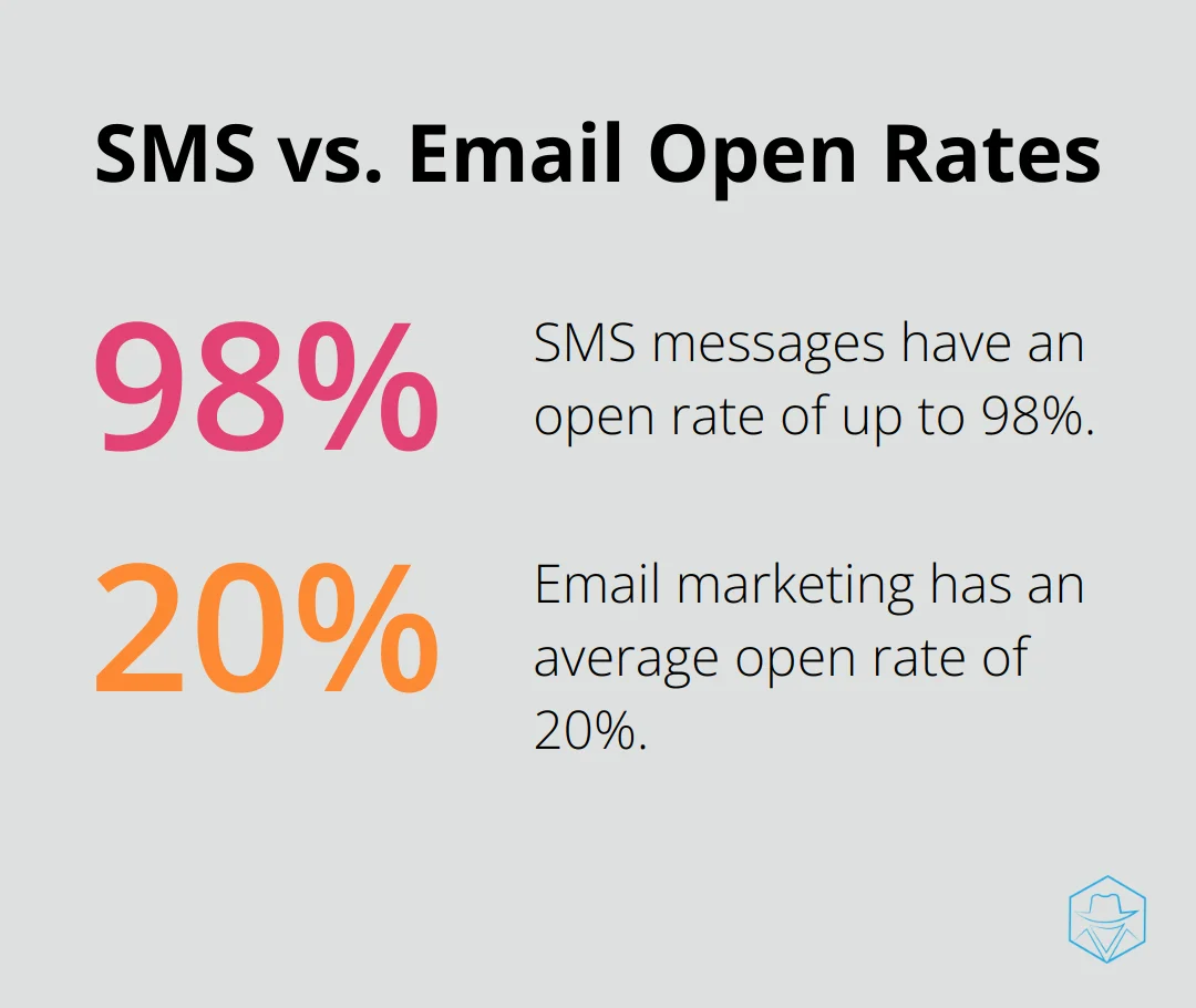 Chart comparing open rates of SMS (98%) and email (20%) marketing - Global SMS strategies