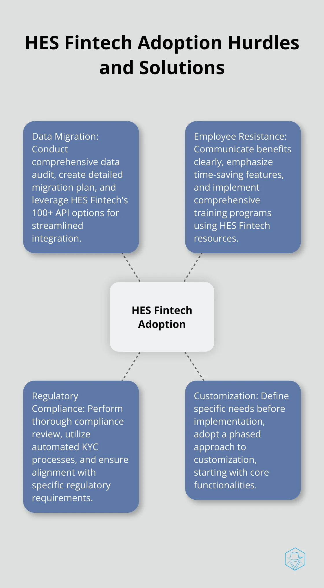 Hub and spoke chart illustrating main adoption hurdles for HES Fintech and their solutions