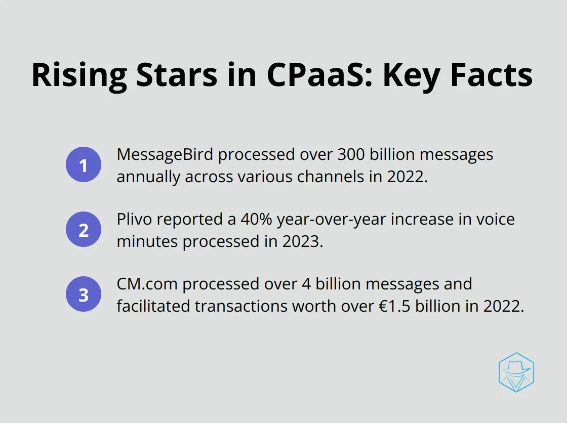 Compact ordered list showing key facts about MessageBird, Plivo, and CM.com as rising stars in the CPaaS market