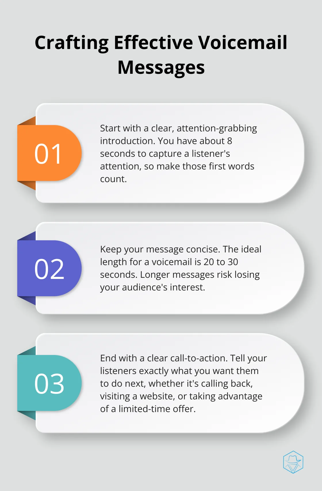 An ordered list chart presenting three key tips for creating compelling voicemail messages: attention-grabbing introduction, concise message length, and clear call-to-action.