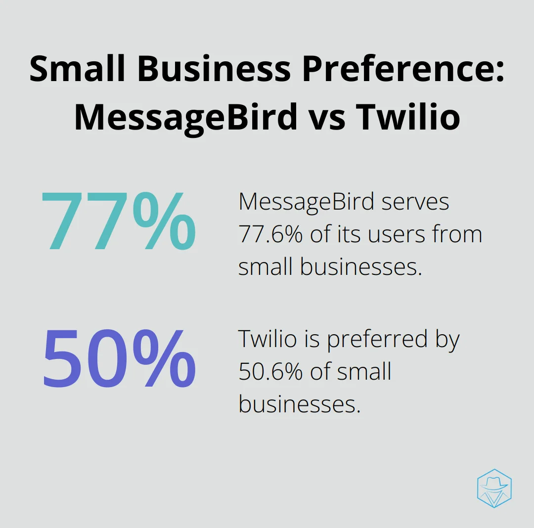 Pie chart showing MessageBird serves 77.6% of its users from small businesses, while Twilio is preferred by 50.6% of small businesses. - messagebird vs twilio