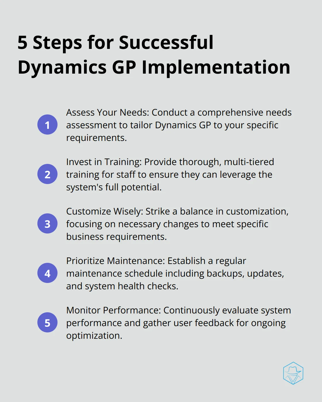 Compact ordered list chart showing five steps for successful implementation of Microsoft Dynamics GP: Assess Your Needs, Invest in Training, Customize Wisely, Prioritize Maintenance, and Monitor Performance