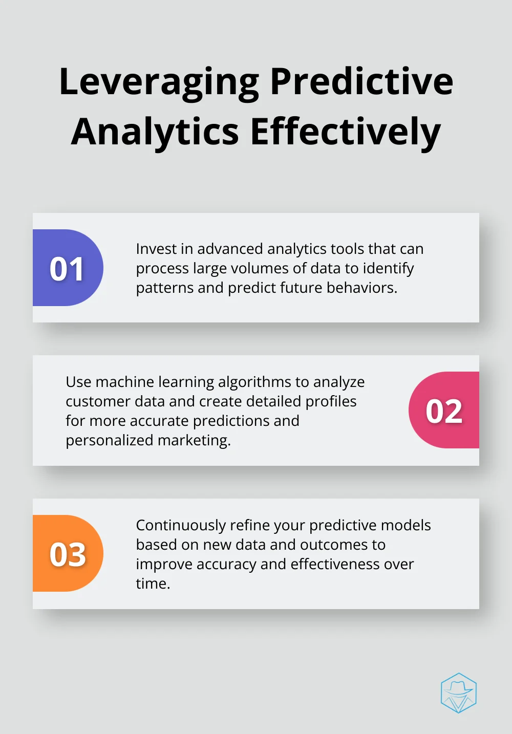 Chart listing three key points for effectively using predictive analytics in marketing - mobile marketing automation