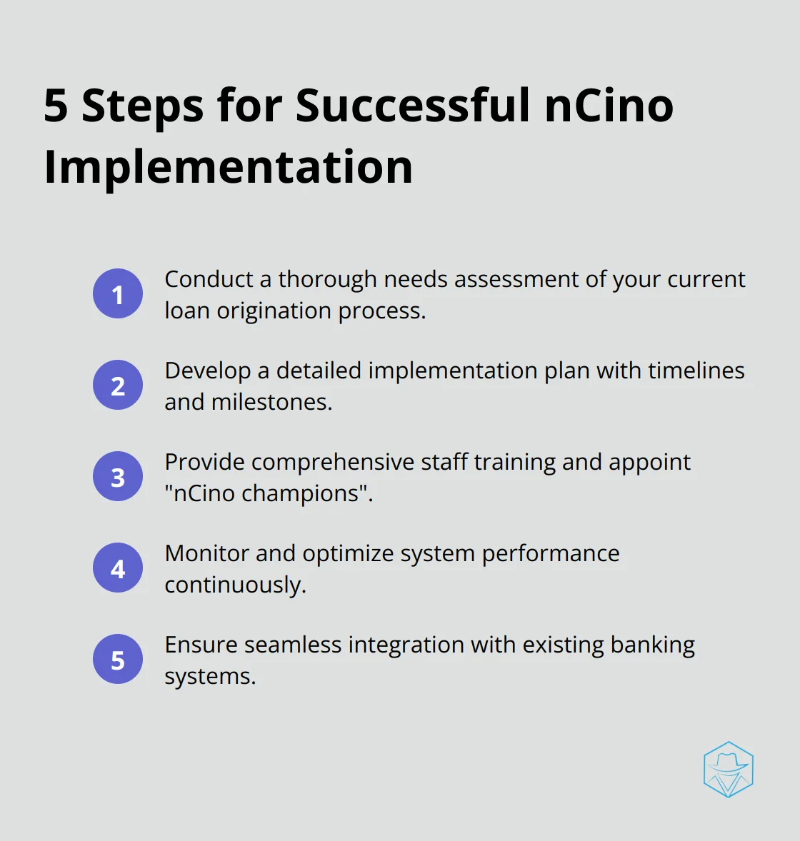 Ordered list chart showing 5 key steps for successful nCino implementation - ncino loan origination