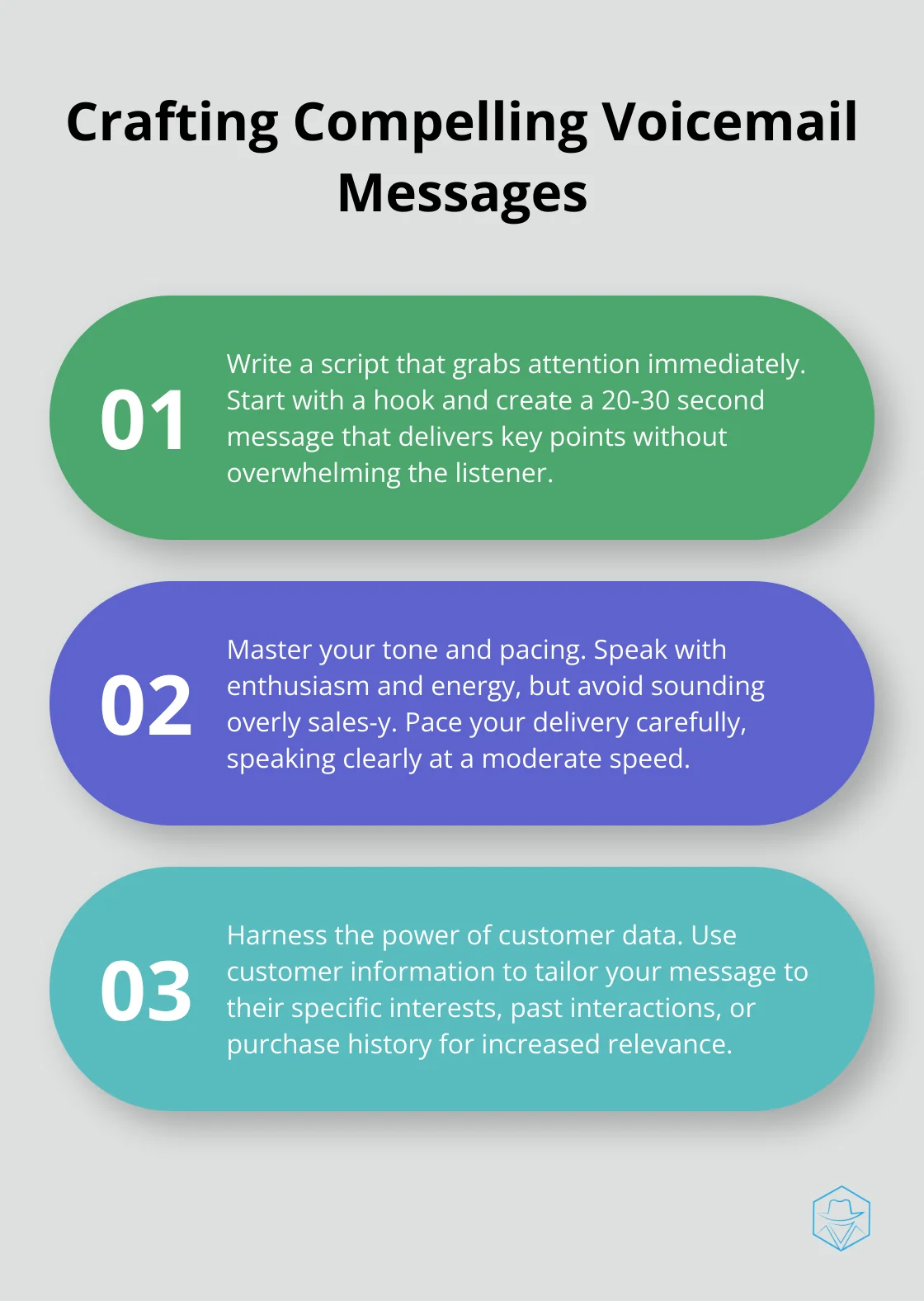 Chart listing three key points for creating effective voicemail messages: attention-grabbing script, mastering tone and pacing, and leveraging customer data - Personalized voicemail drops