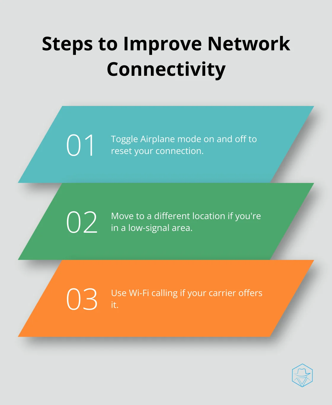 Ordered list showing three steps to improve network connectivity: toggle Airplane mode, move to a different location, and use Wi-Fi calling - phone goes straight to voicemail