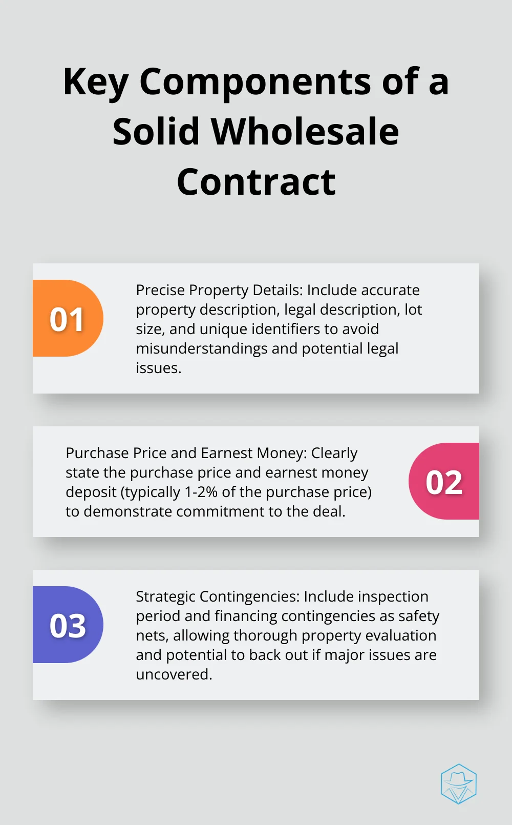 Ordered list chart showing three key components of a solid wholesale contract: Precise Property Details, Purchase Price and Earnest Money, and Strategic Contingencies - real estate wholesale contract