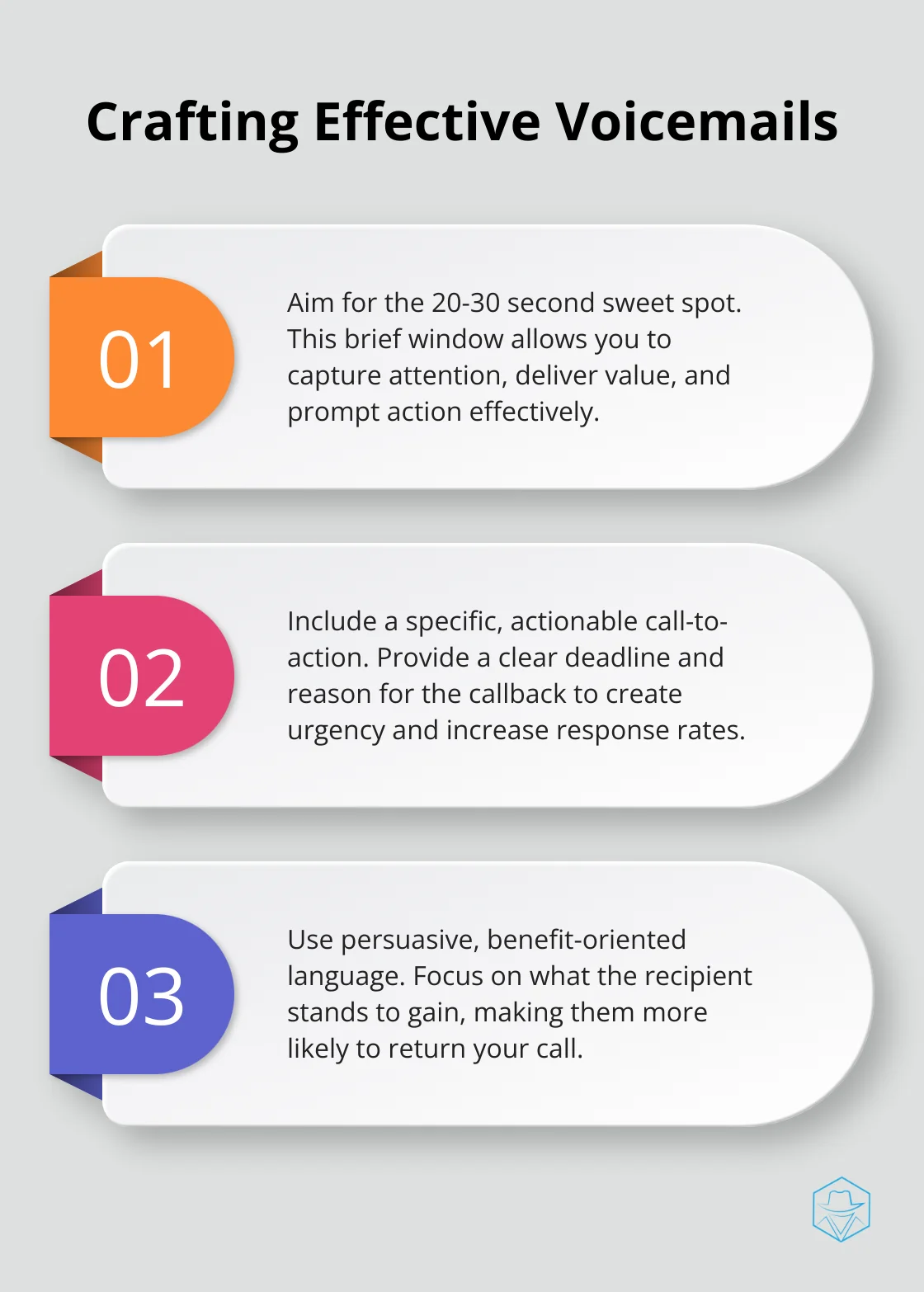 Ordered list chart showing three key strategies for crafting effective voicemails: optimal length, clear call-to-action, and persuasive language - Return rates