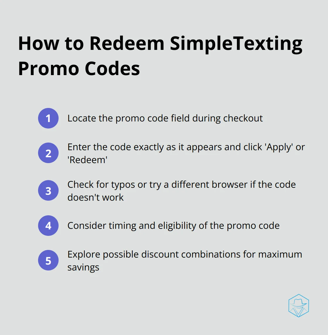 Ordered list of steps to redeem SimpleTexting promo codes