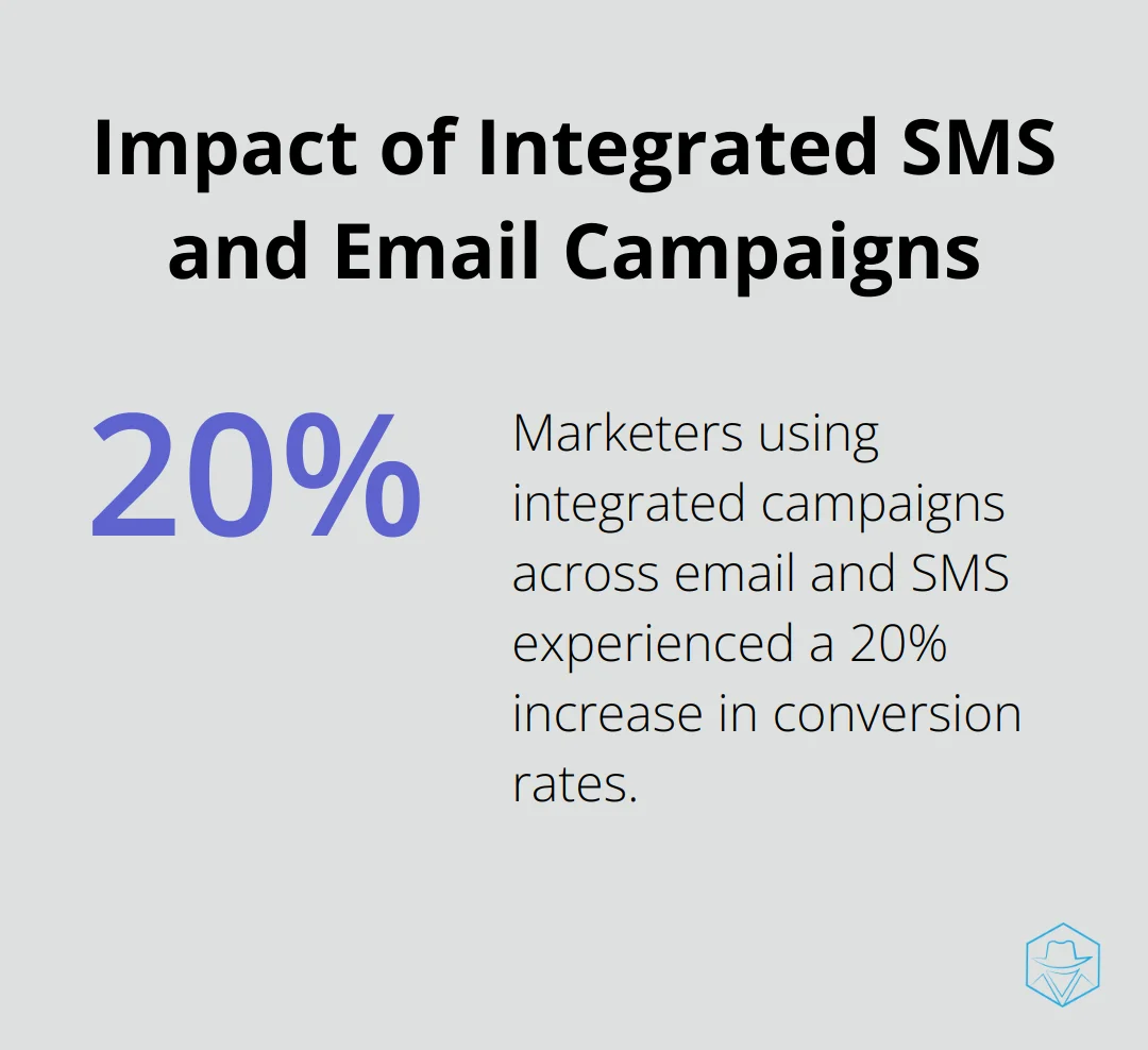 Chart showing a 20% increase in conversion rates for marketers using integrated campaigns across email and SMS compared to single-channel approaches
