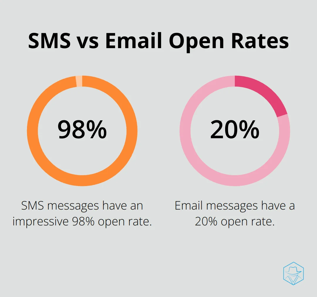 Chart comparing SMS and email open rates: 98% for SMS, 20% for email - SMS automation
