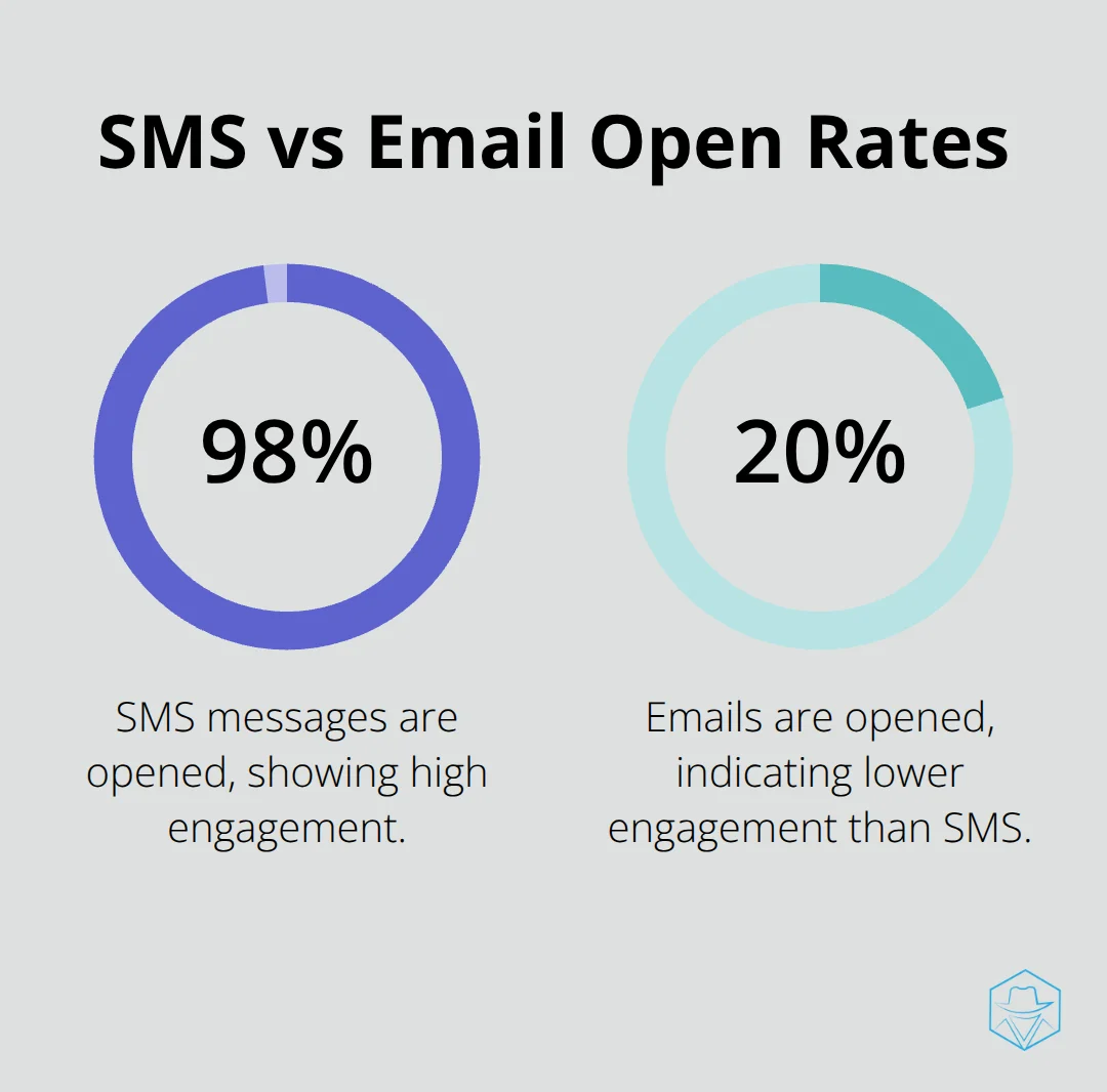 Comparison of open rates: SMS at 98% and email at 20%