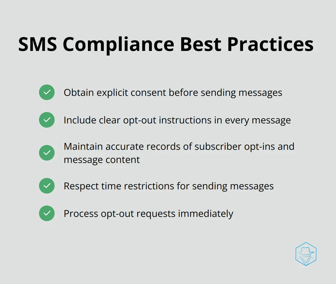 Checklist of key SMS compliance best practices including consent, opt-out instructions, record-keeping, and time restrictions