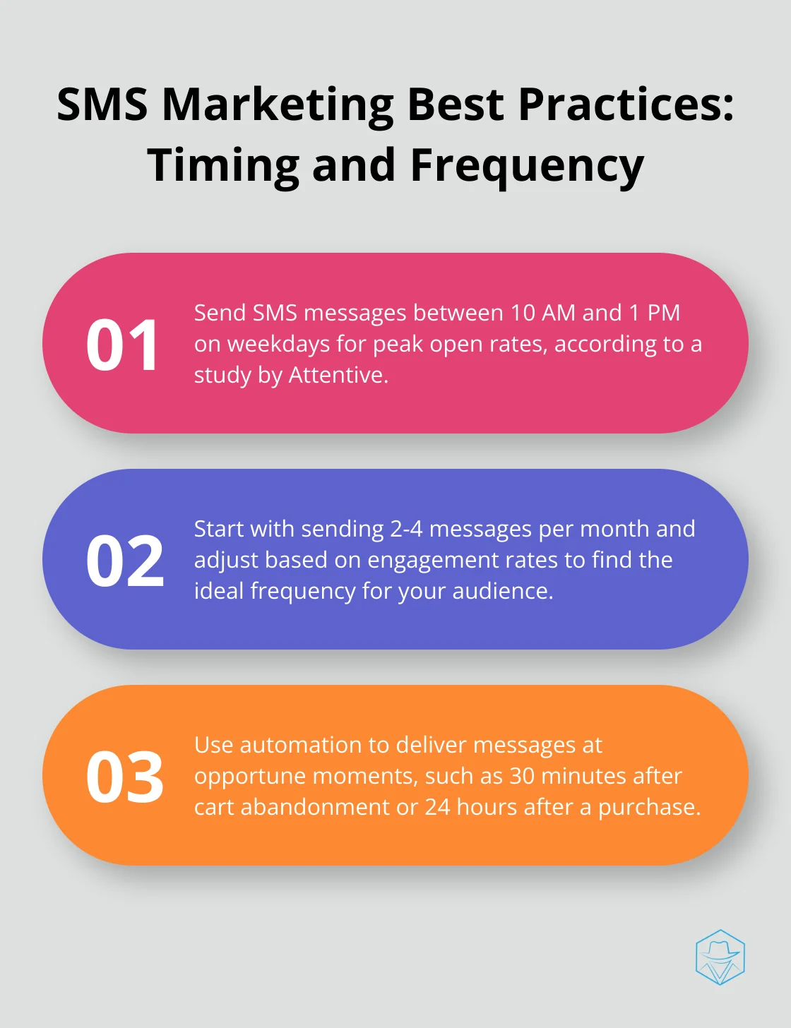 Chart listing three best practices for SMS marketing timing and frequency