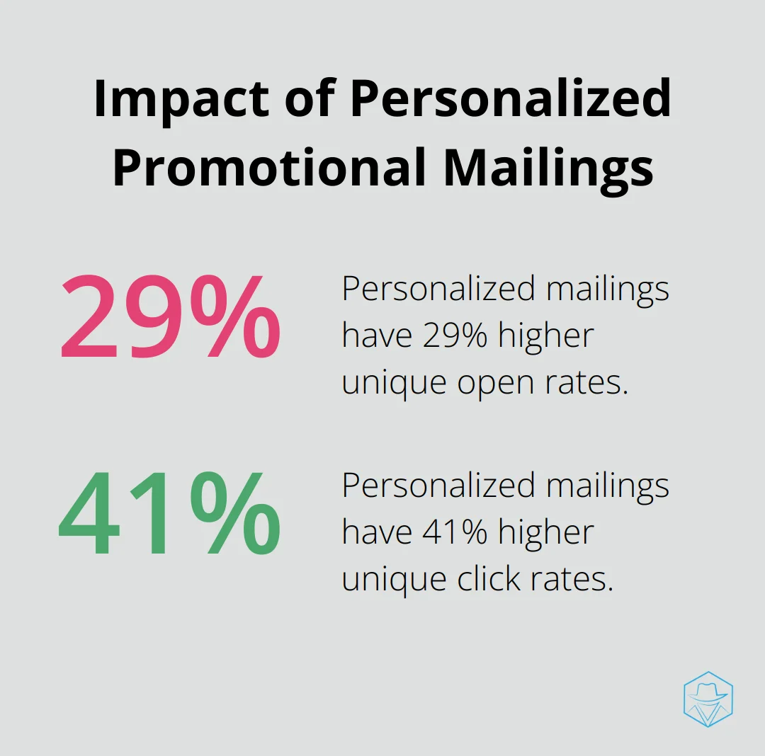 Chart showing 29% higher unique open rates and 41% higher unique click rates for personalized promotional mailings compared to non-personalized mailings