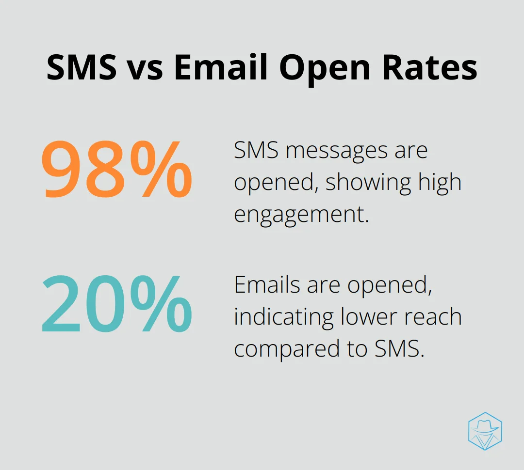 Chart comparing SMS open rate of 98% to email open rate of 20%